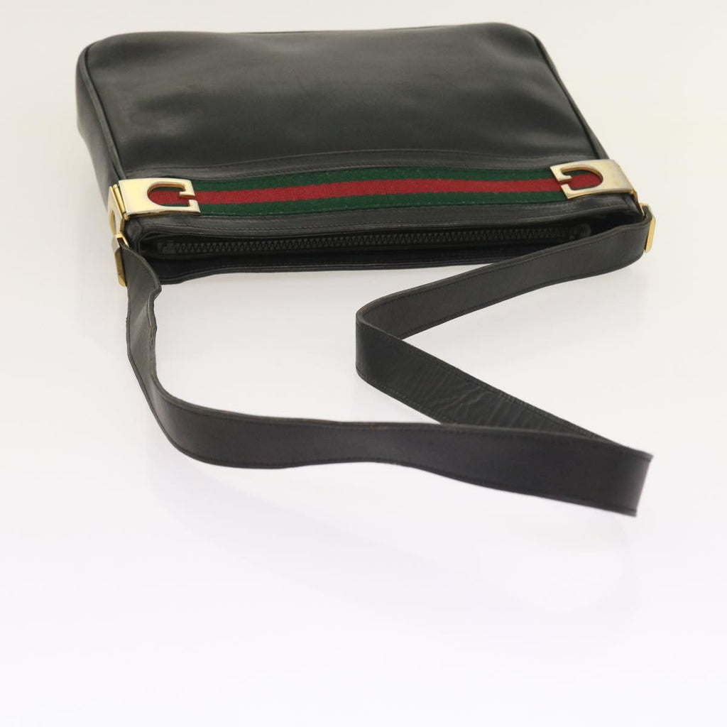GUCCI Web Sherry Line Shoulder Bag Leather Black Red Green th4083