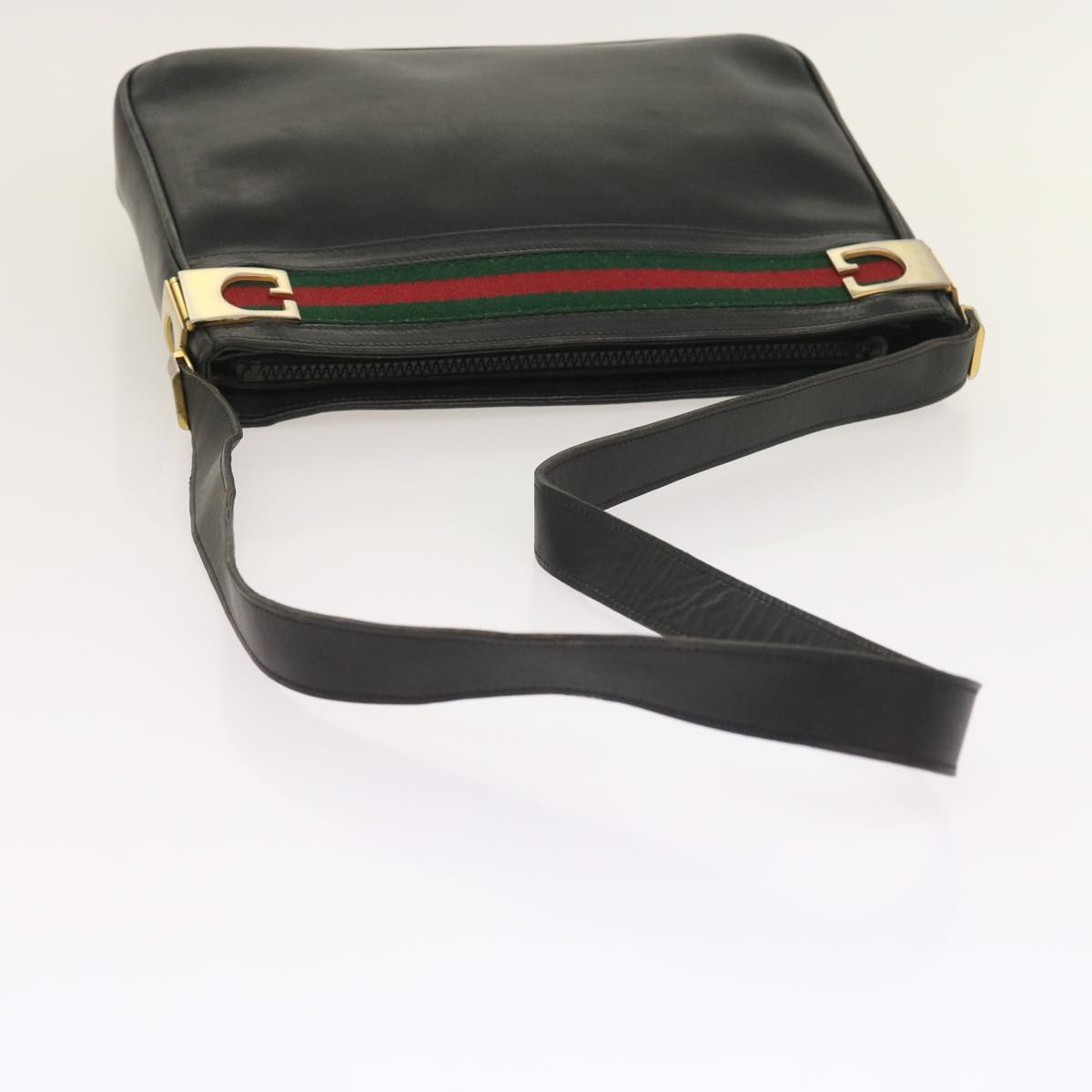 GUCCI Web Sherry Line Shoulder Bag Leather Black Red Green th4083