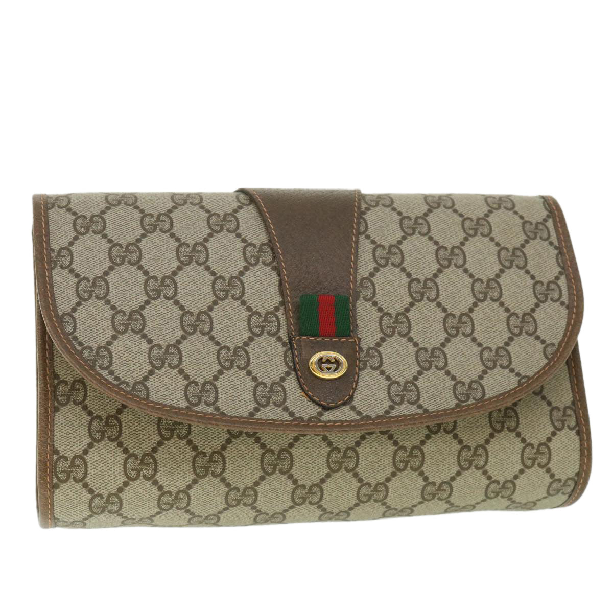GUCCI GG Supreme Web Sherry Line Clutch Bag Beige Red 156 01 030 th4102