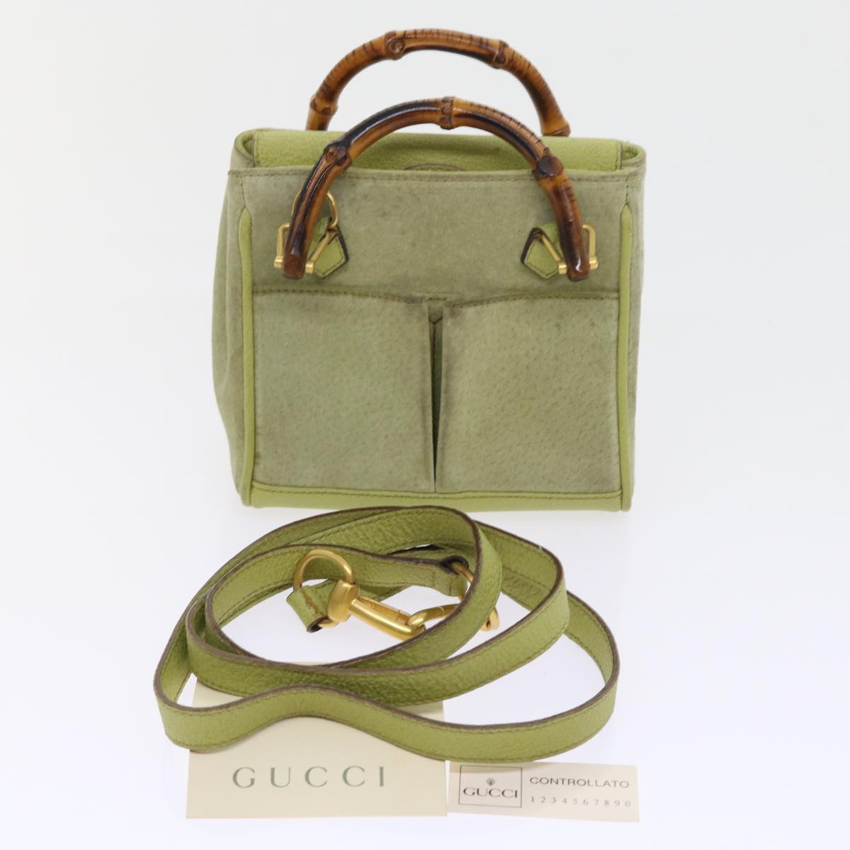 GUCCI Bamboo Hand Bag Suede 2way Green th4105