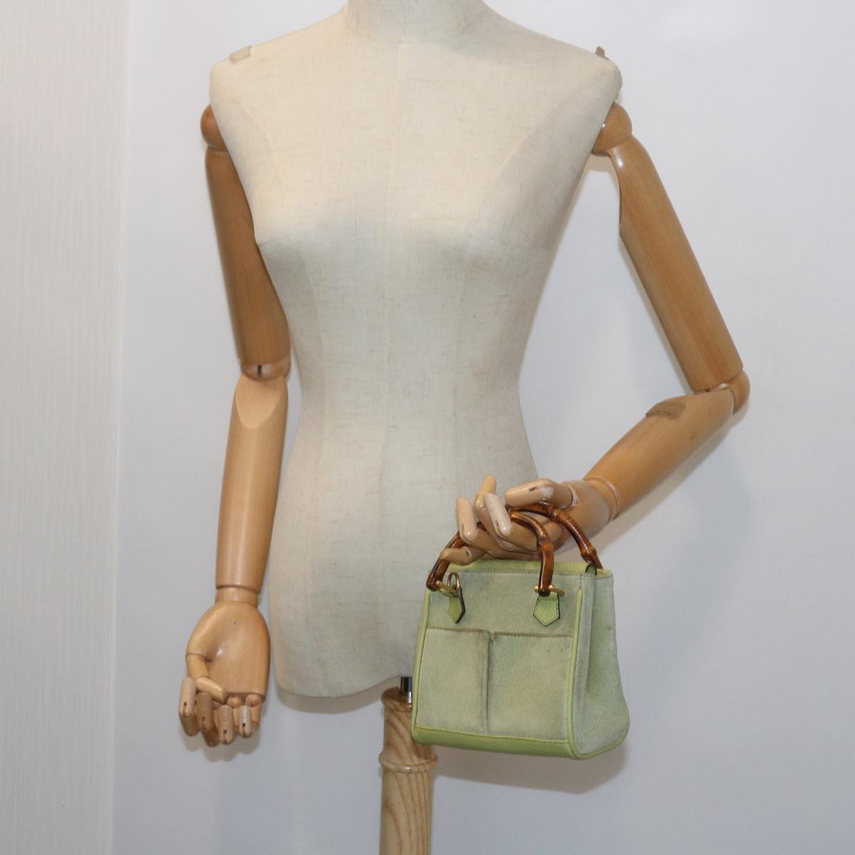 GUCCI Bamboo Hand Bag Suede 2way Green th4105