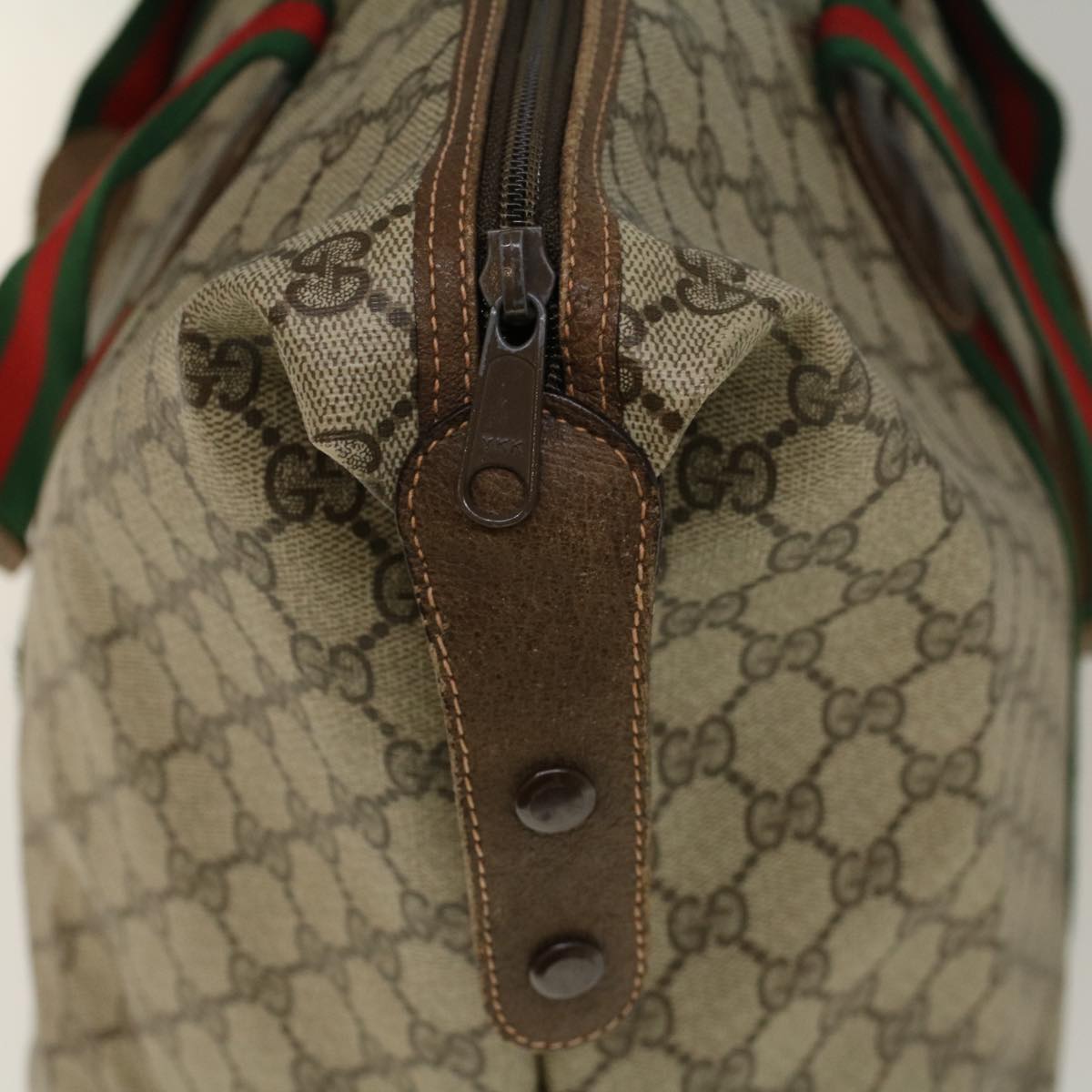GUCCI GG Canvas Web Sherry Line Boston Bag PVC Leather Beige Green th4115