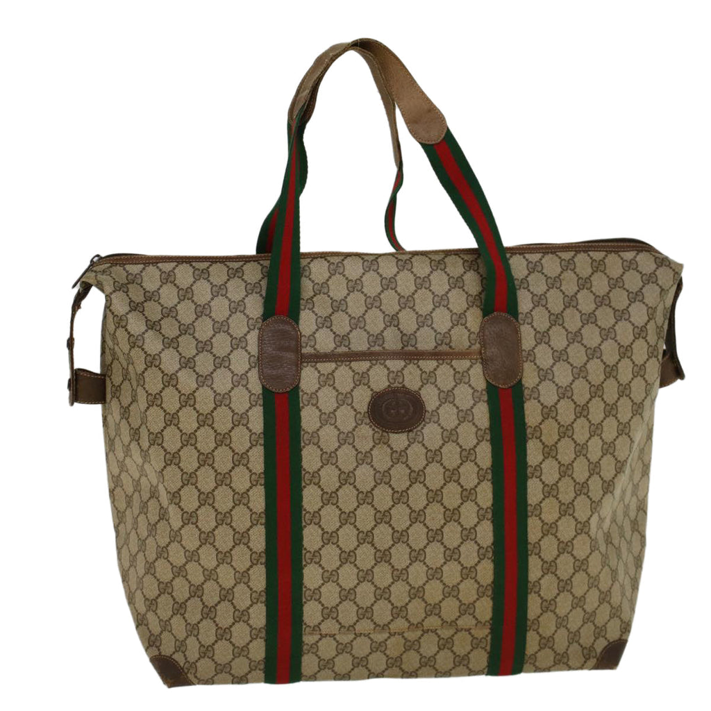 GUCCI GG Canvas Web Sherry Line Boston Bag PVC Leather Beige Green th4115