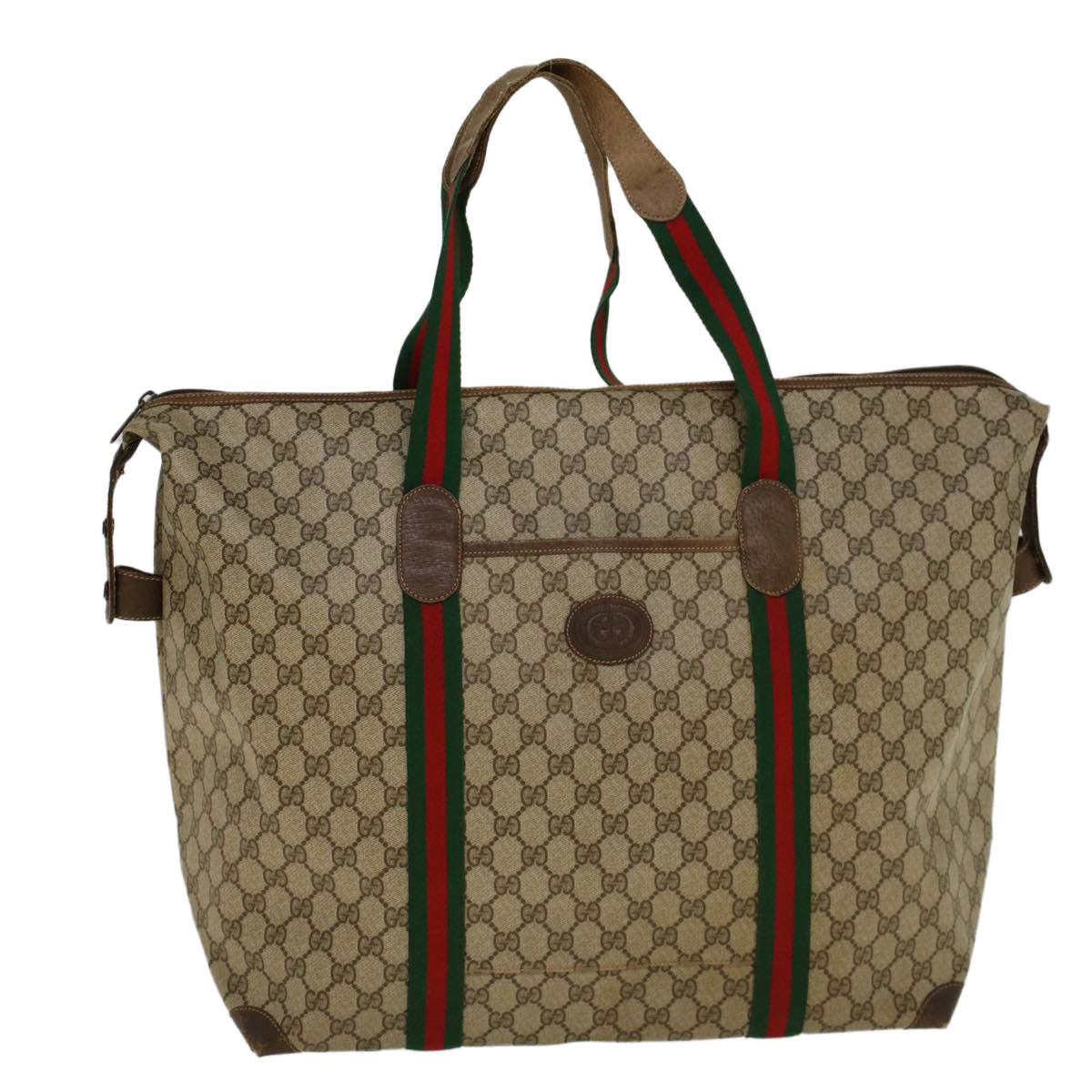 GUCCI GG Canvas Web Sherry Line Boston Bag PVC Leather Beige Green th4115