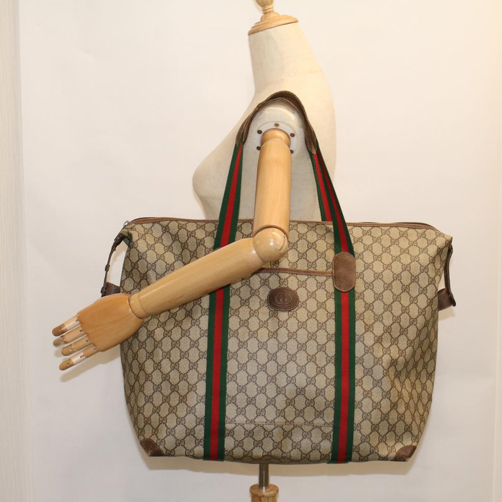 GUCCI GG Canvas Web Sherry Line Boston Bag PVC Leather Beige Green th4115