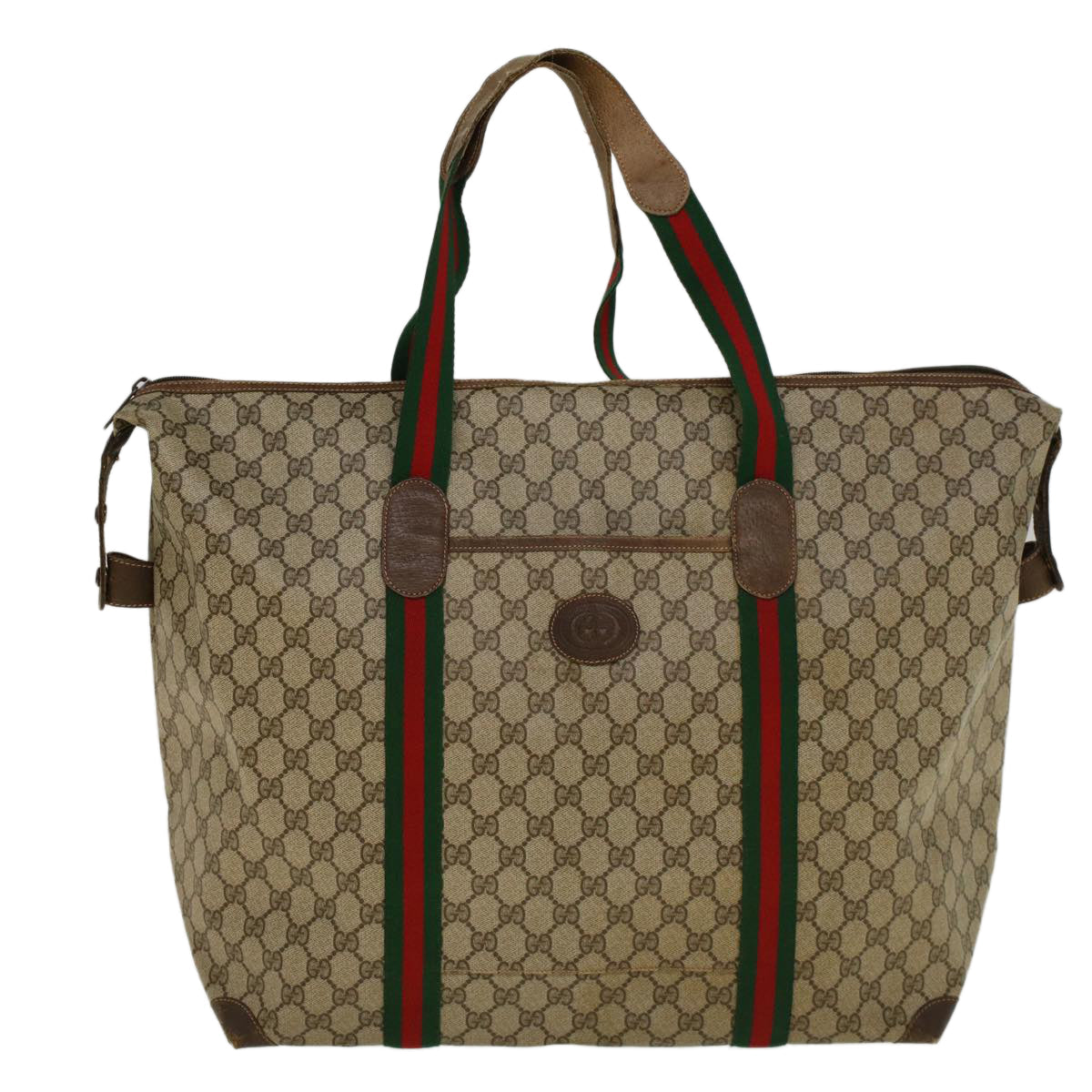 GUCCI GG Canvas Web Sherry Line Boston Bag PVC Leather Beige Green th4115