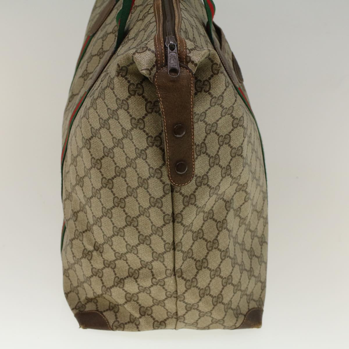 GUCCI GG Canvas Web Sherry Line Boston Bag PVC Leather Beige Green th4115