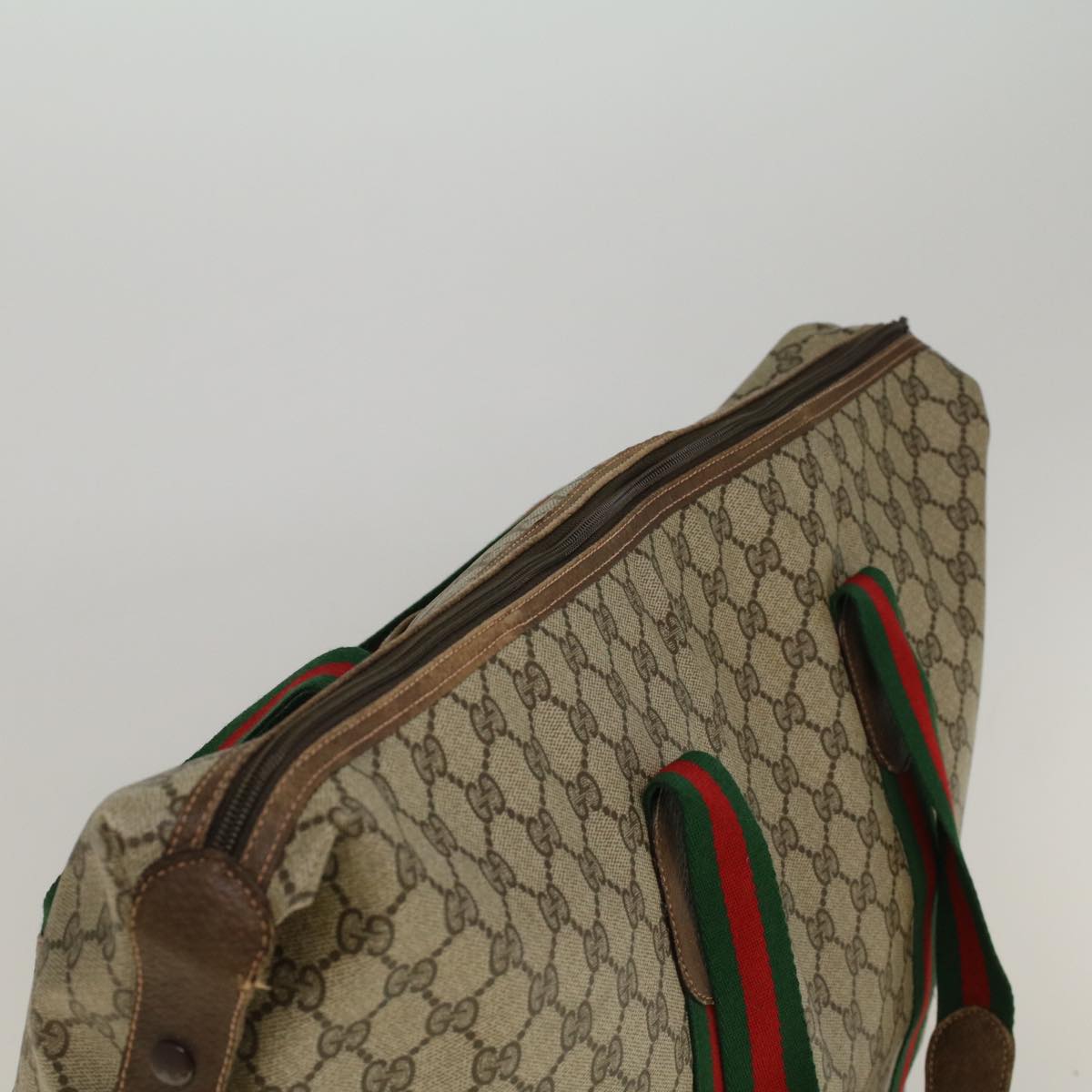 GUCCI GG Canvas Web Sherry Line Boston Bag PVC Leather Beige Green th4115
