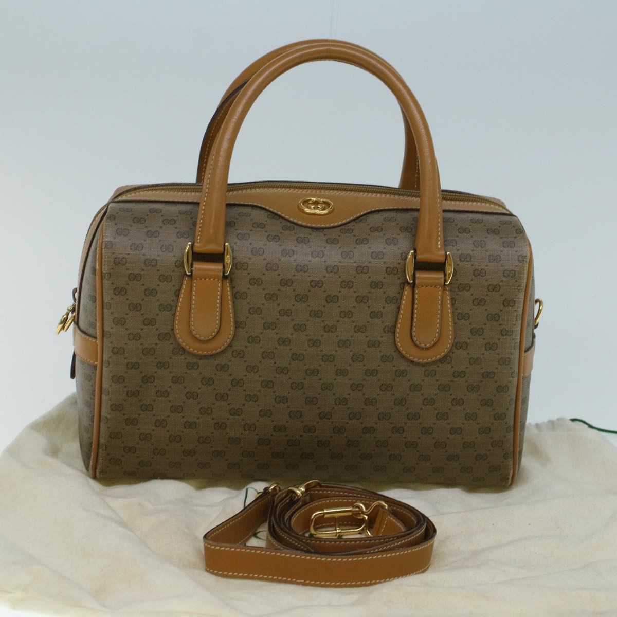 GUCCI Micro GG Canvas Boston Bag PVC Leather 2way Beige th4135