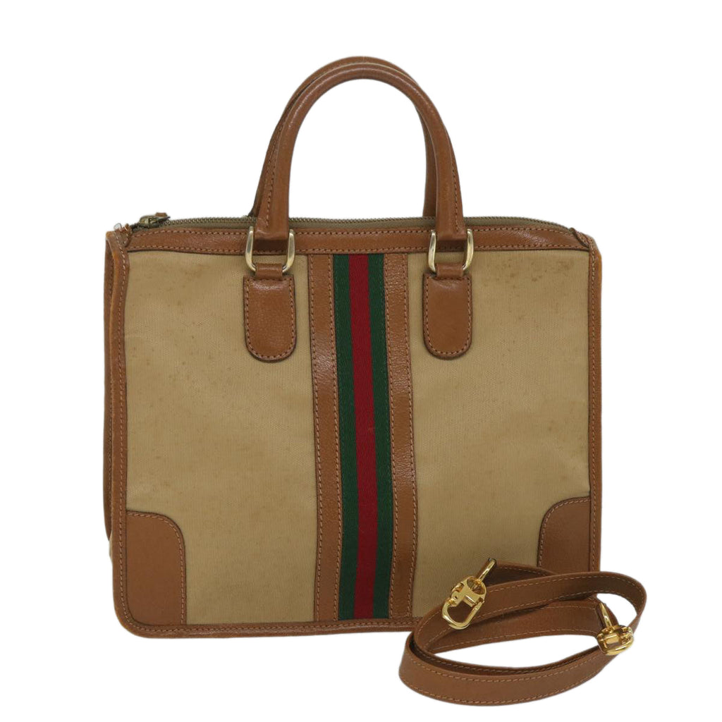 GUCCI Web Sherry Line Hand Bag Canvas 2way Beige Red Green th4154
