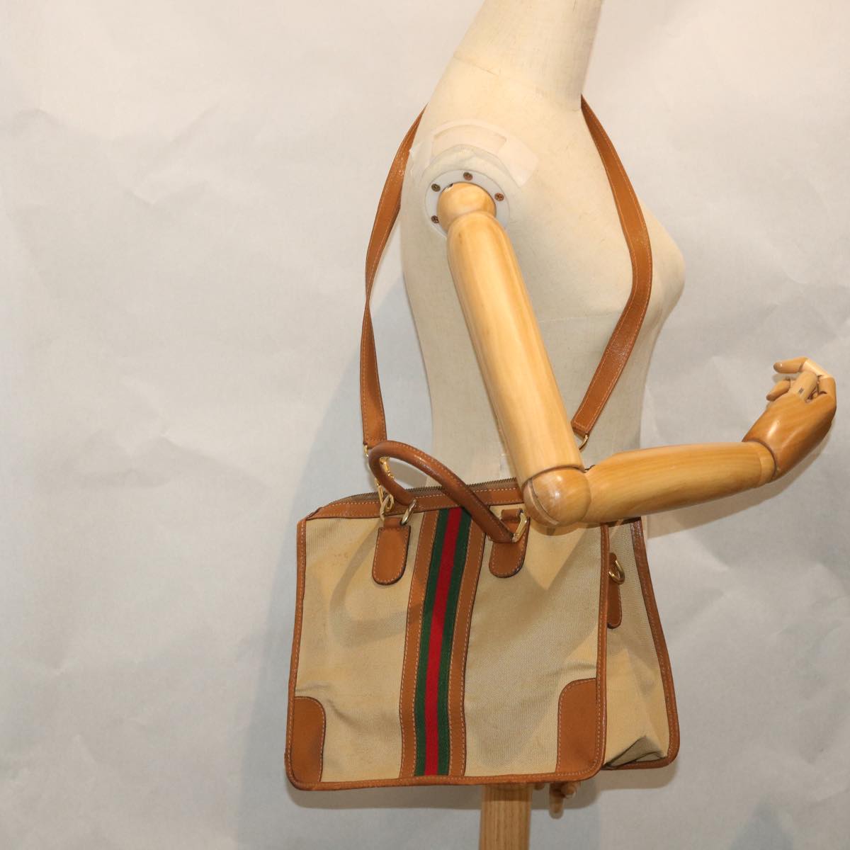 GUCCI Web Sherry Line Hand Bag Canvas 2way Beige Red Green th4154