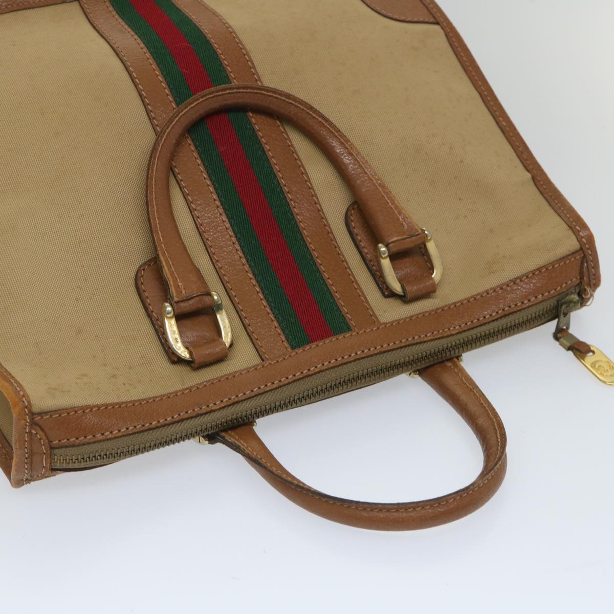 GUCCI Web Sherry Line Hand Bag Canvas 2way Beige Red Green th4154
