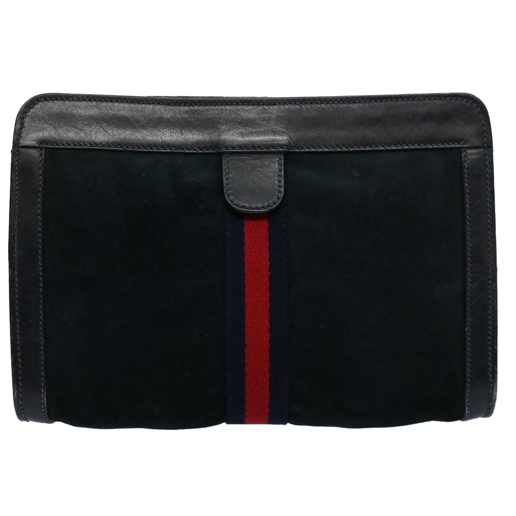 GUCCI Sherry Line Clutch Bag Suede Black Red Navy th4194