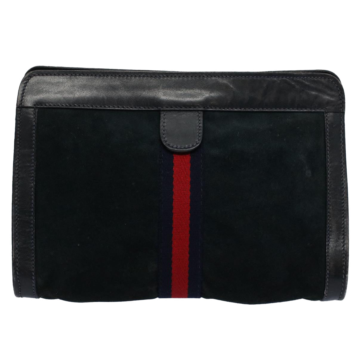 GUCCI Sherry Line Clutch Bag Suede Black Red Navy th4194