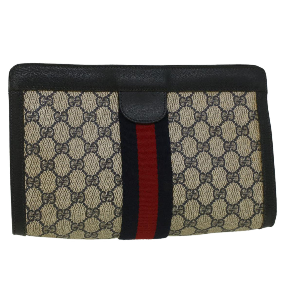 GUCCI GG Canvas Sherry Line Clutch Bag PVC Leather Navy Red th4256