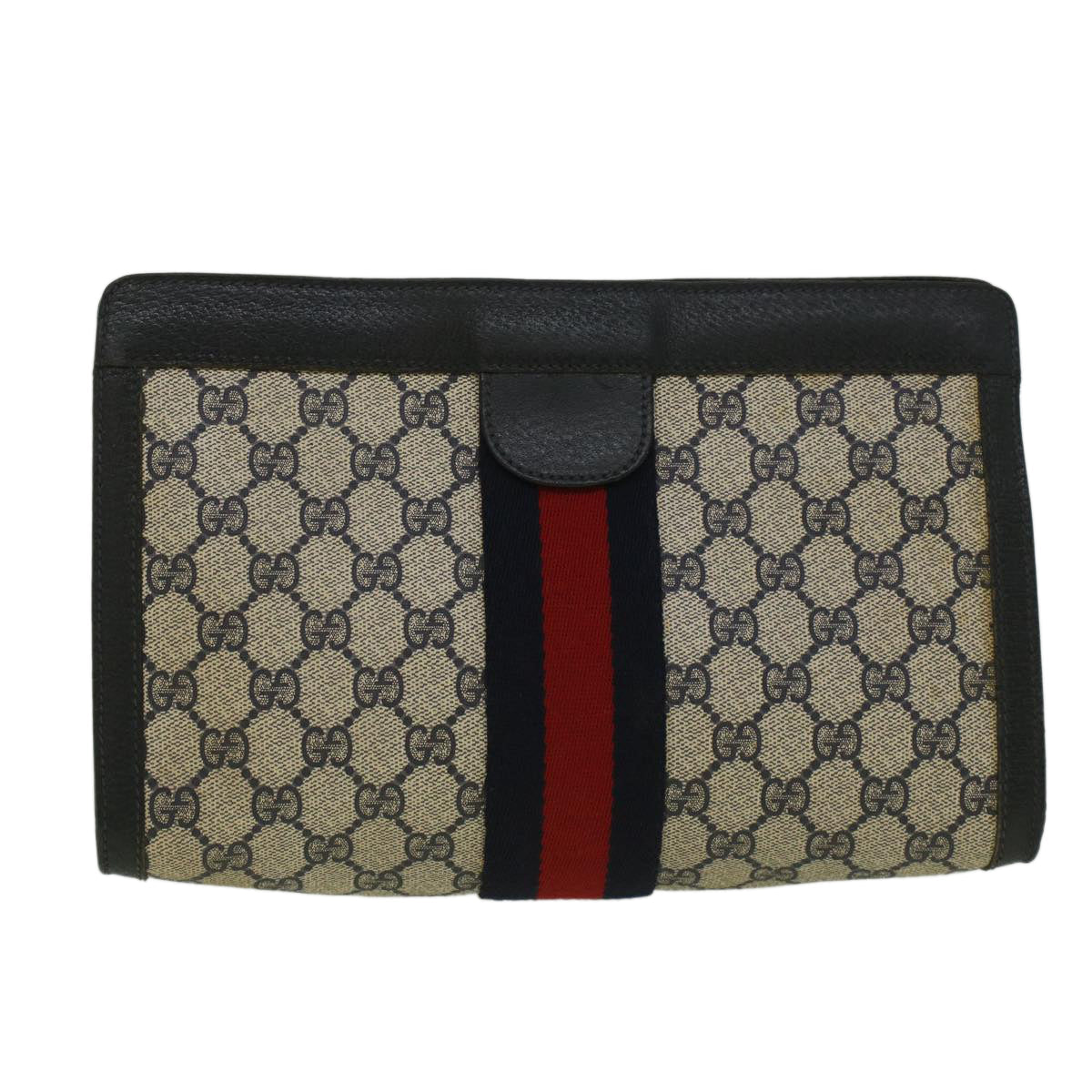 GUCCI GG Canvas Sherry Line Clutch Bag PVC Leather Navy Red th4256