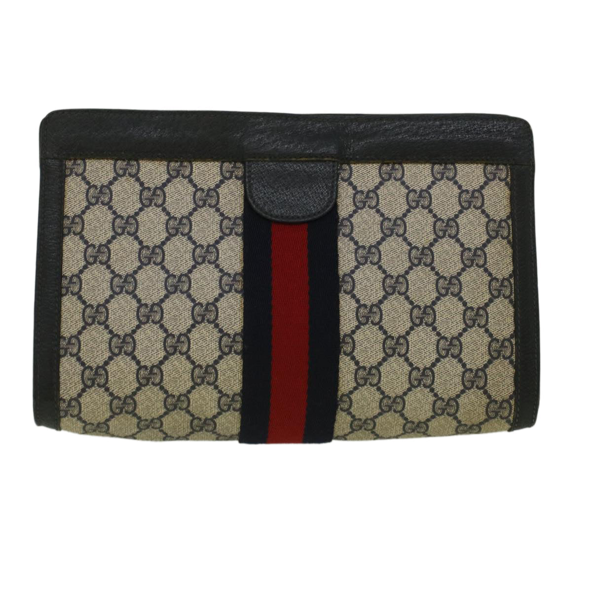 GUCCI GG Canvas Sherry Line Clutch Bag PVC Leather Navy Red th4256