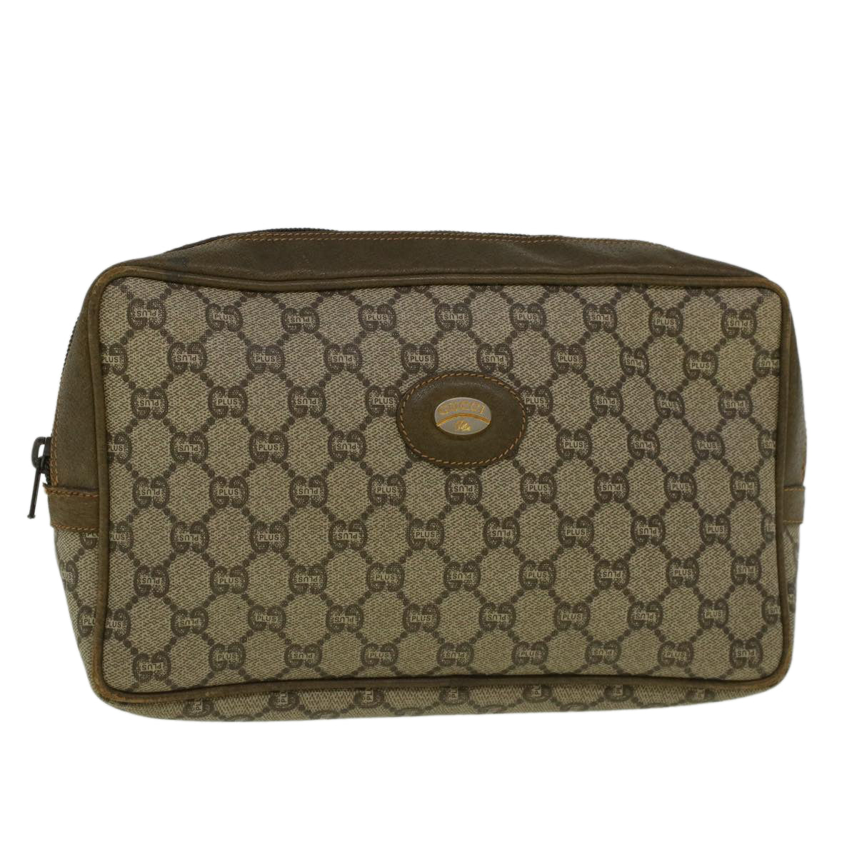 GUCCI GG PLUS Canvas Clutch Bag PVC Leather Beige th4270