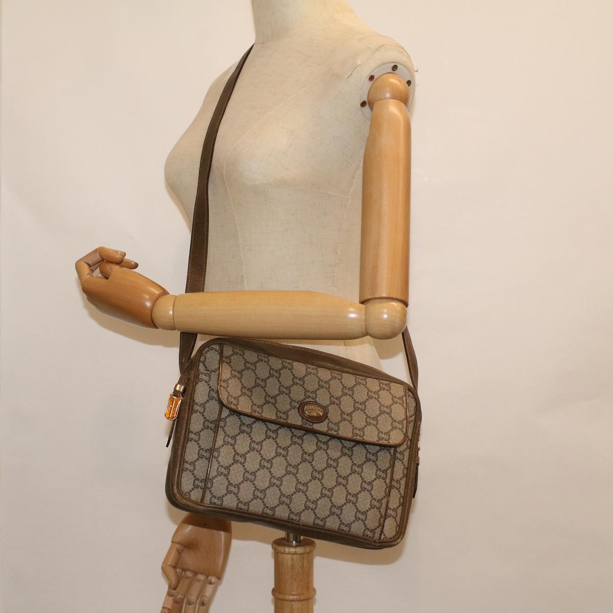 GUCCI GG PLUS Canvas Shoulder Bag PVC Leather Beige th4289