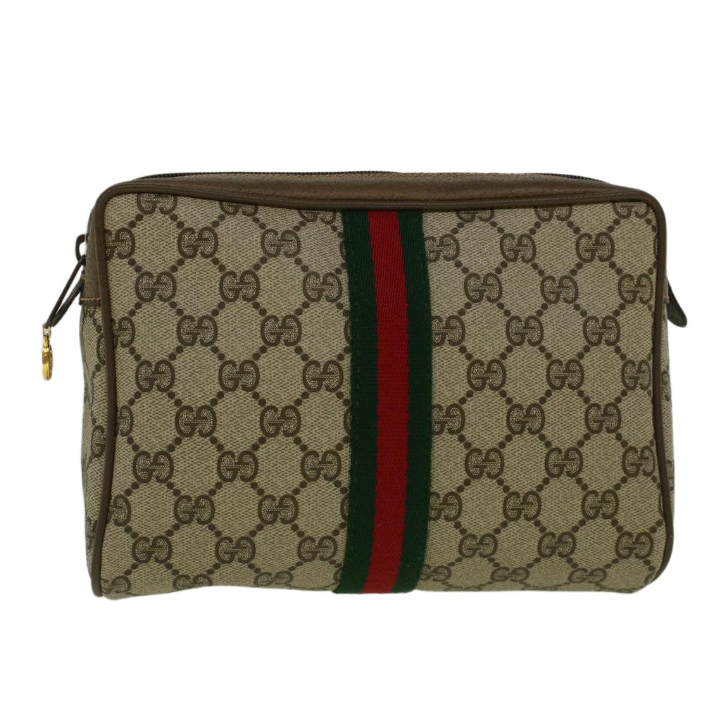 GUCCI GG Canvas Web Sherry Line Clutch Bag PVC Leather Beige Green th4290