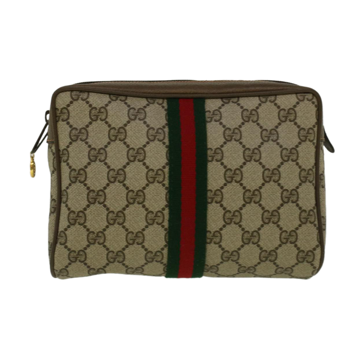 GUCCI GG Canvas Web Sherry Line Clutch Bag PVC Leather Beige Green th4290