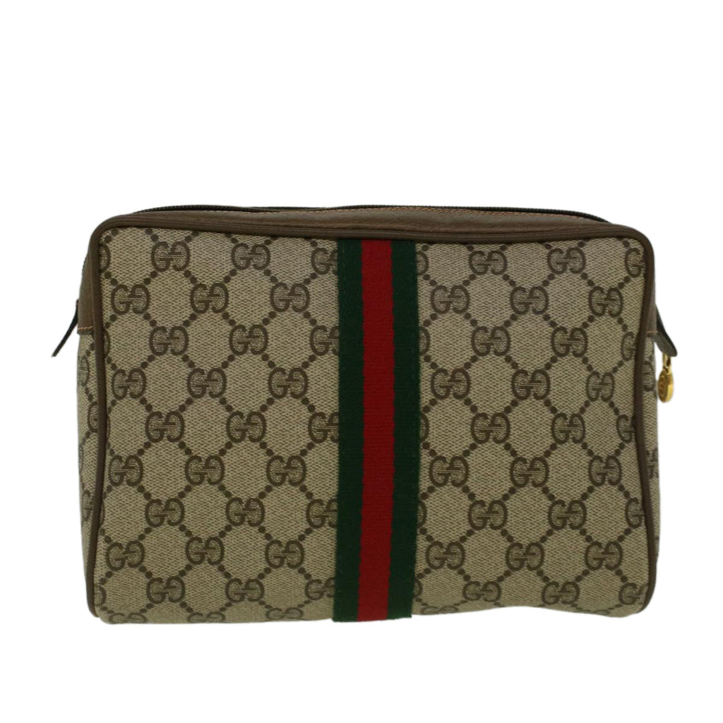 GUCCI GG Canvas Web Sherry Line Clutch Bag PVC Leather Beige Green th4290