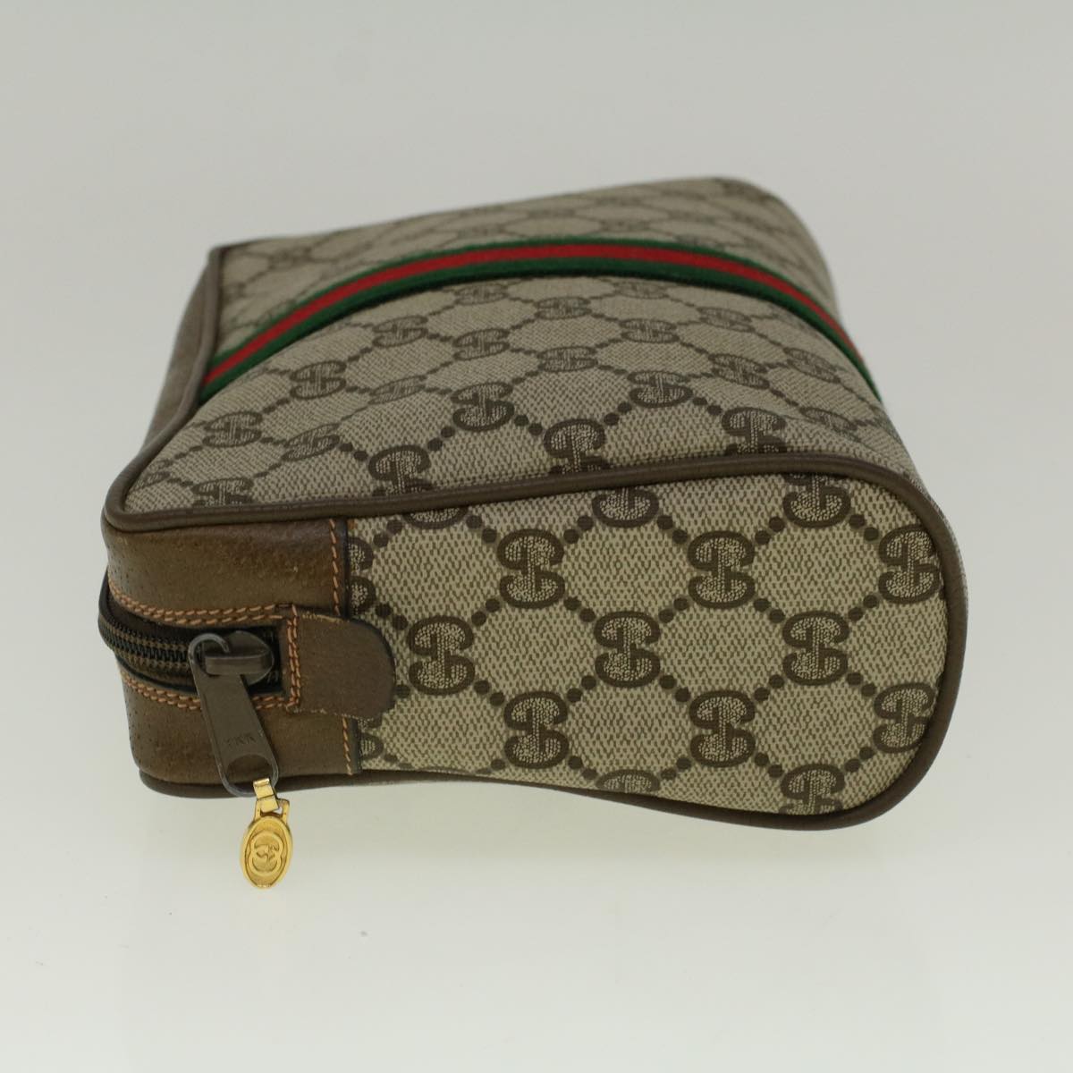 GUCCI GG Canvas Web Sherry Line Clutch Bag PVC Leather Beige Green th4290