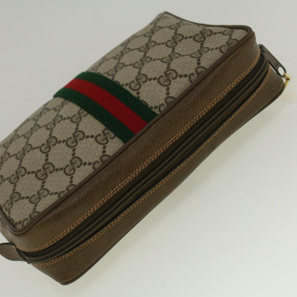 GUCCI GG Canvas Web Sherry Line Clutch Bag PVC Leather Beige Green th4290