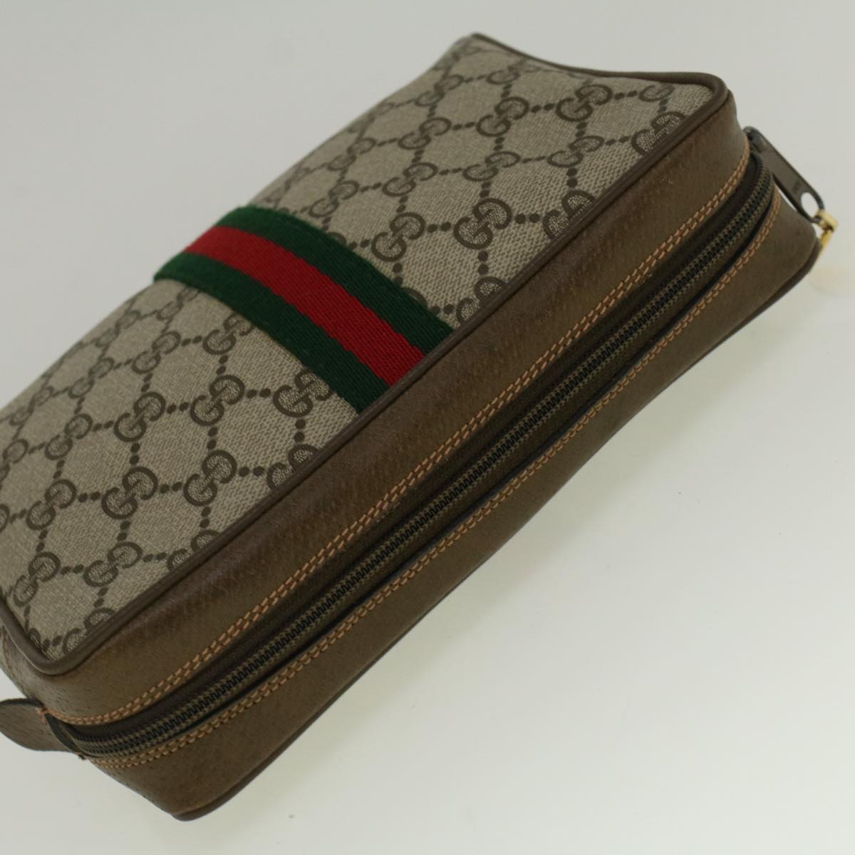 GUCCI GG Canvas Web Sherry Line Clutch Bag PVC Leather Beige Green th4290
