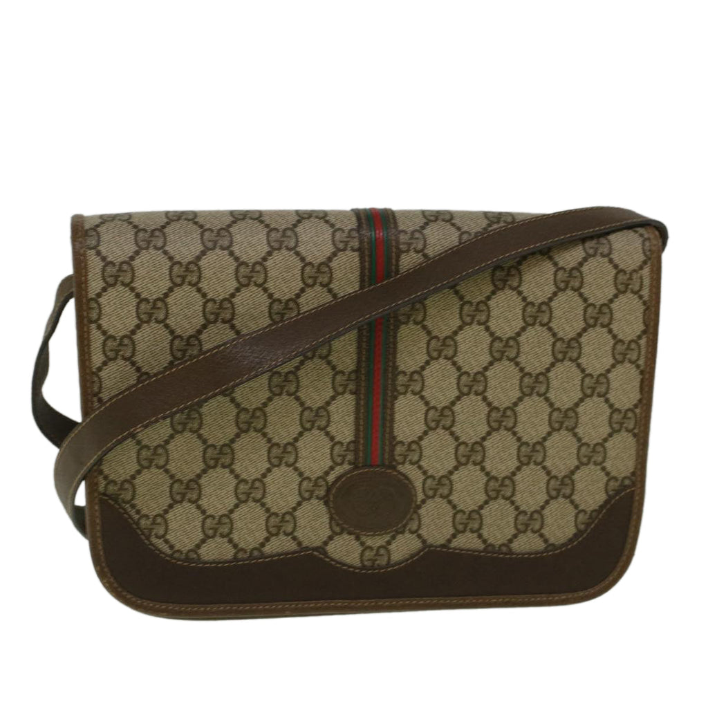 GUCCI GG Canvas Web Sherry Line Shoulder Bag PVC Leather Beige Green th4302