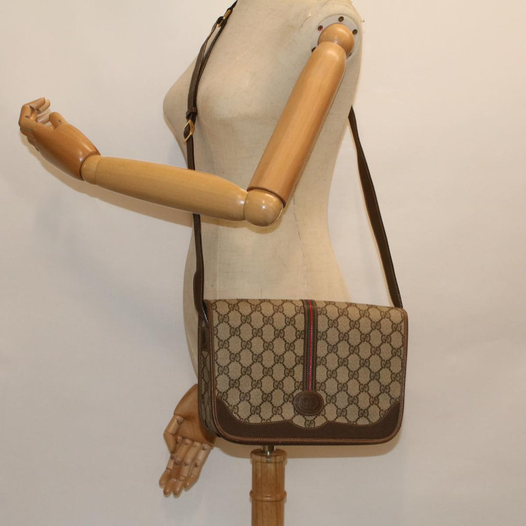 GUCCI GG Canvas Web Sherry Line Shoulder Bag PVC Leather Beige Green th4302