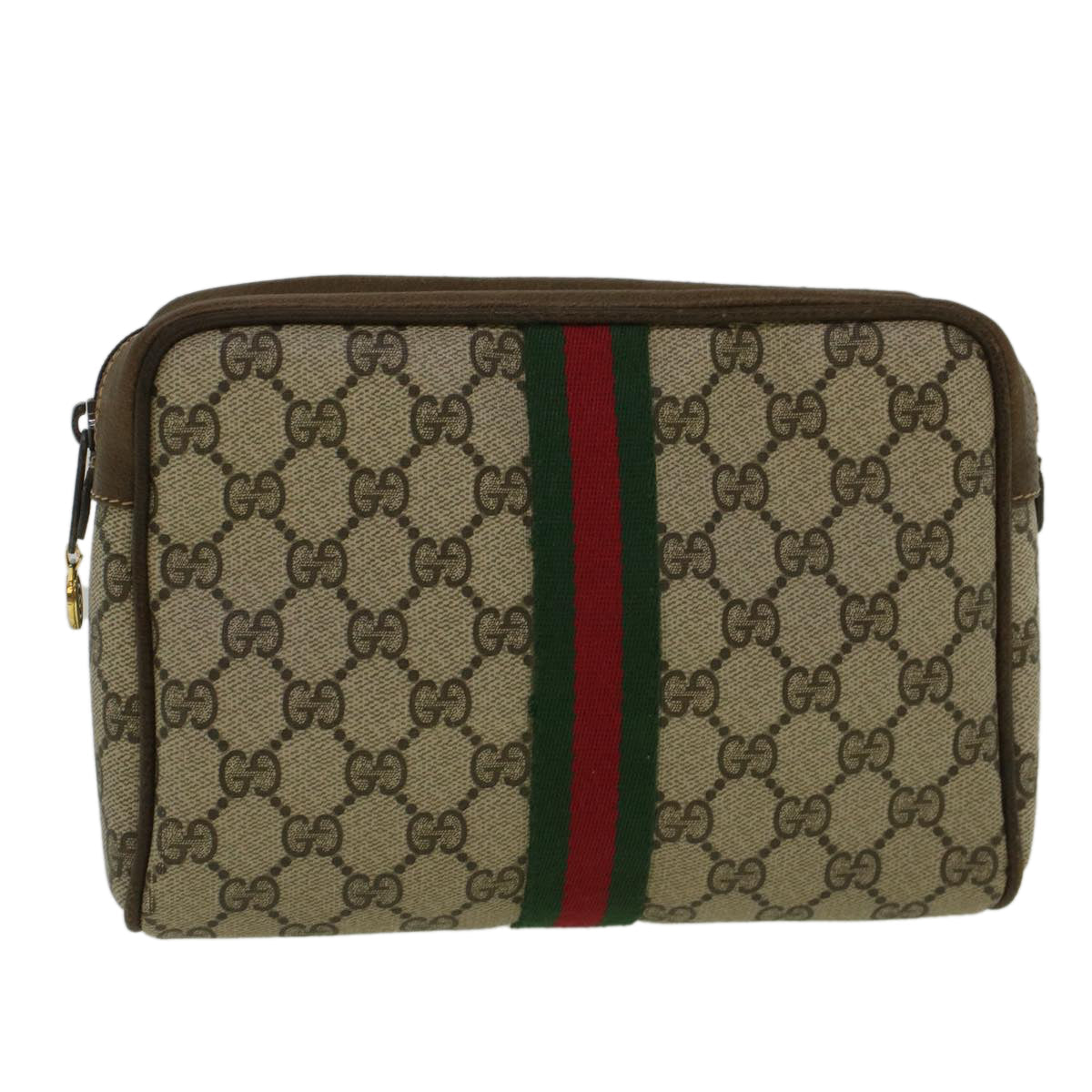GUCCI GG Canvas Web Sherry Line Clutch Bag PVC Leather Beige Green th4309