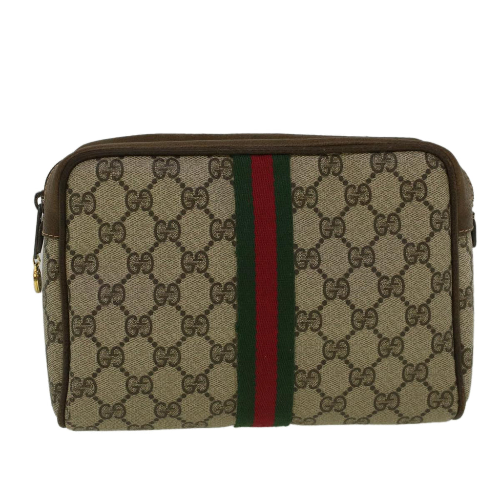 GUCCI GG Canvas Web Sherry Line Clutch Bag PVC Leather Beige Green th4309