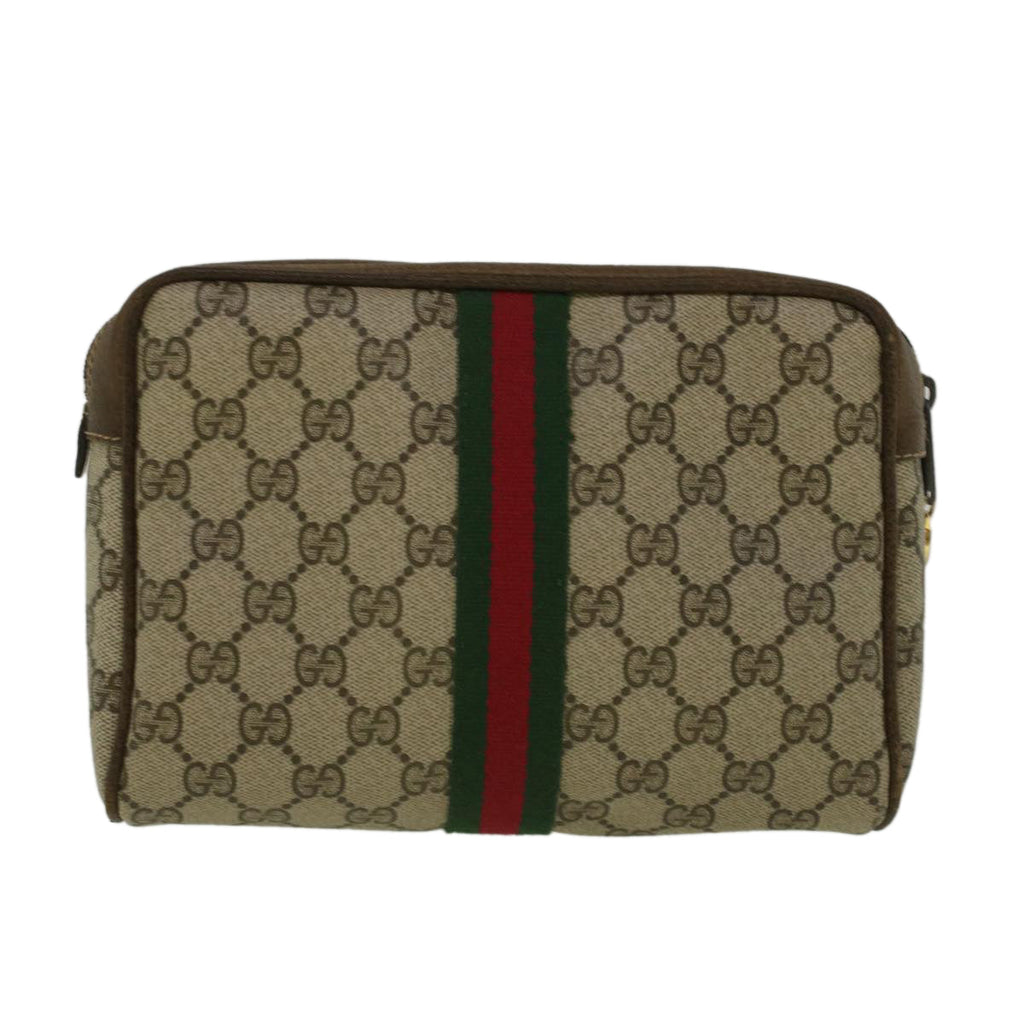 GUCCI GG Canvas Web Sherry Line Clutch Bag PVC Leather Beige Green th4309
