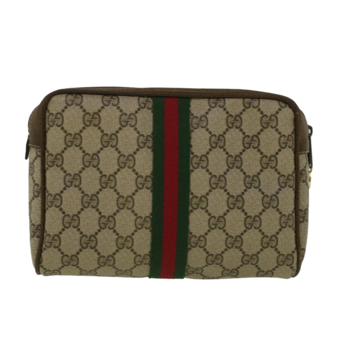 GUCCI GG Canvas Web Sherry Line Clutch Bag PVC Leather Beige Green th4309
