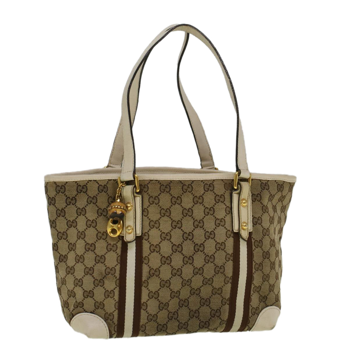 GUCCI GG Canvas Sherry Line Bamboo Tote Bag Canvas Beige 137396 th4311