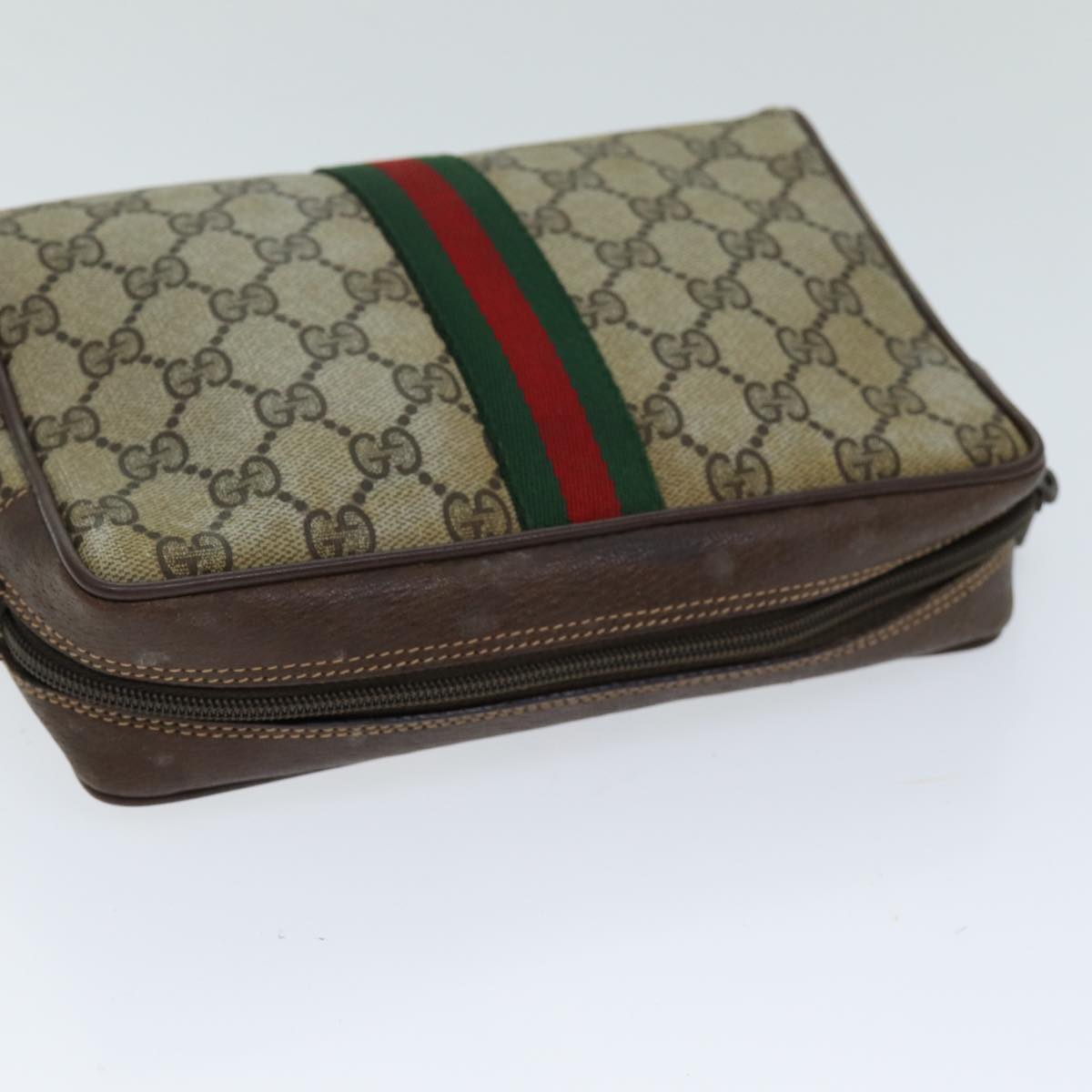 GUCCI GG Supreme Web Sherry Line Clutch Bag PVC Beige Red 156 01 012 th4949