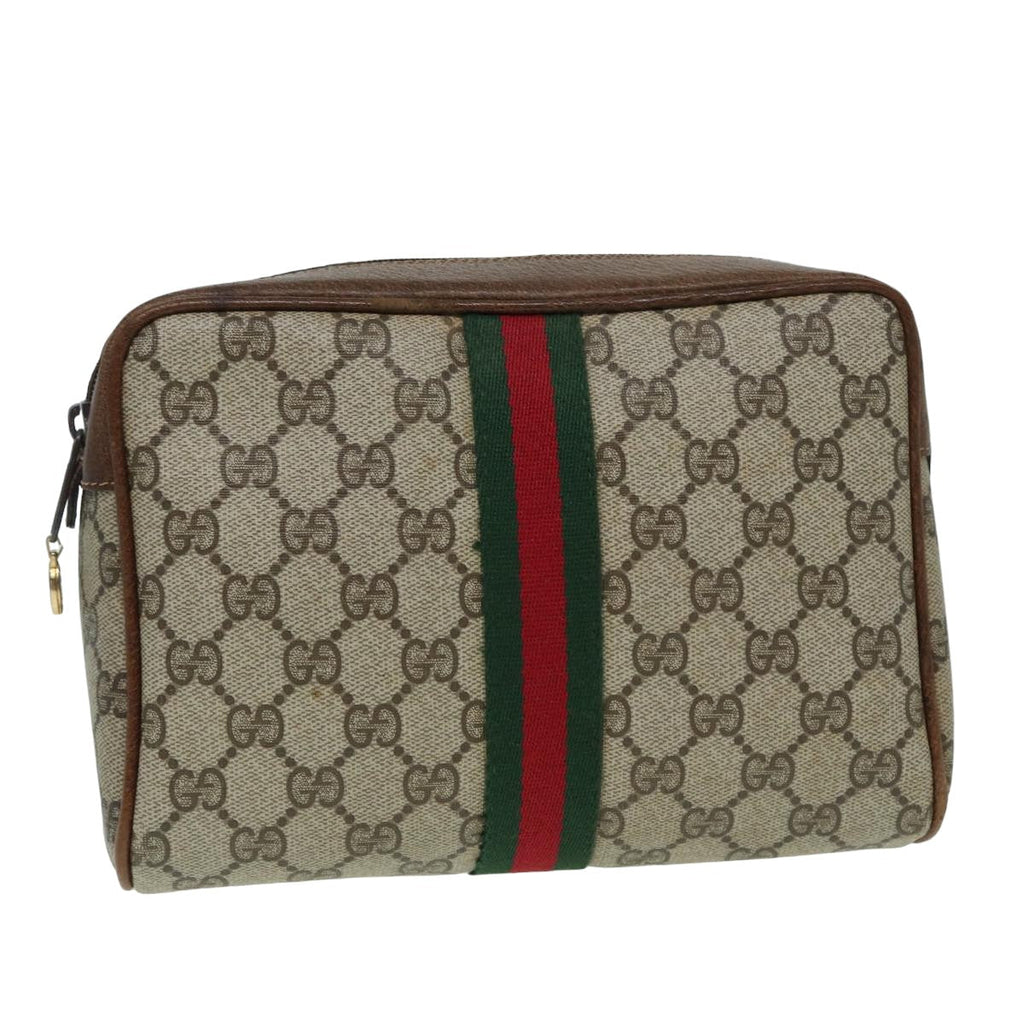 GUCCI GG Canvas Web Sherry Line Clutch Bag PVC Leather Beige Green th5130