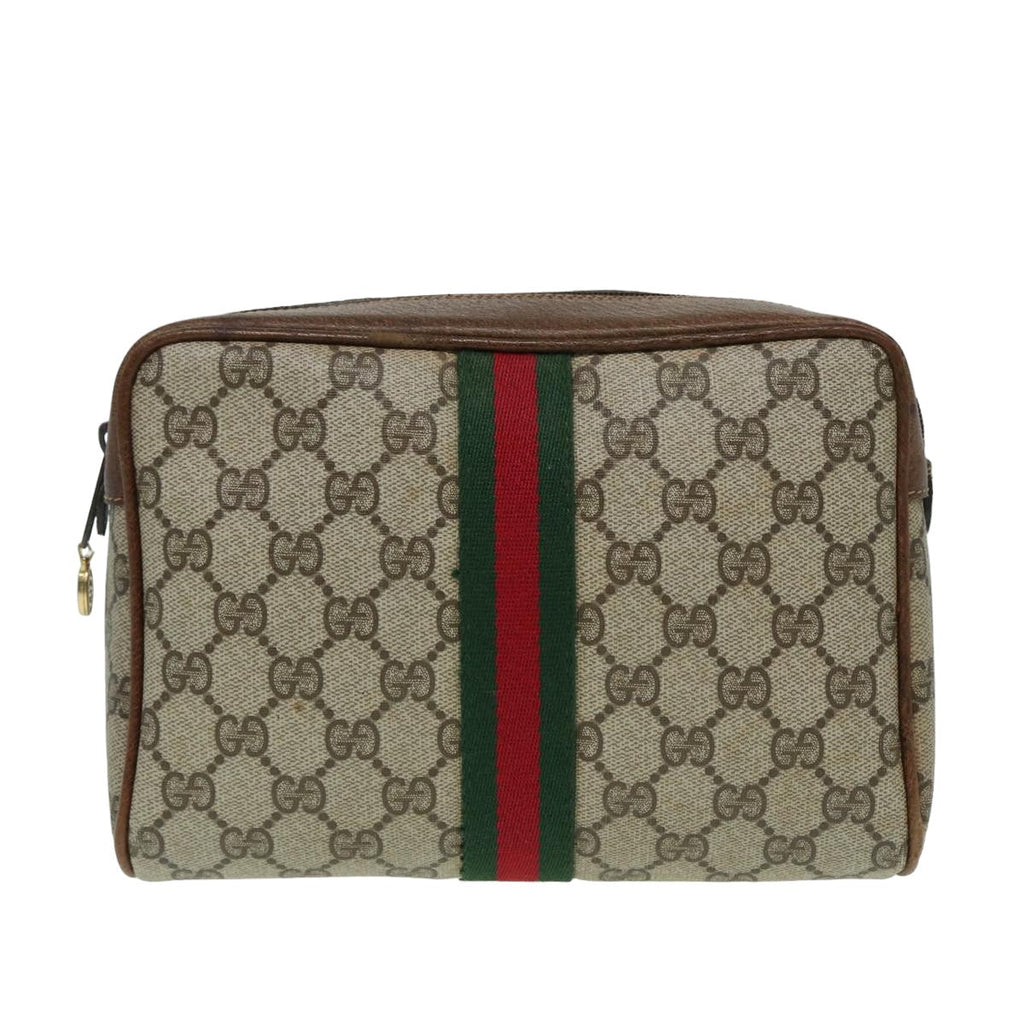 GUCCI GG Canvas Web Sherry Line Clutch Bag PVC Leather Beige Green th5130