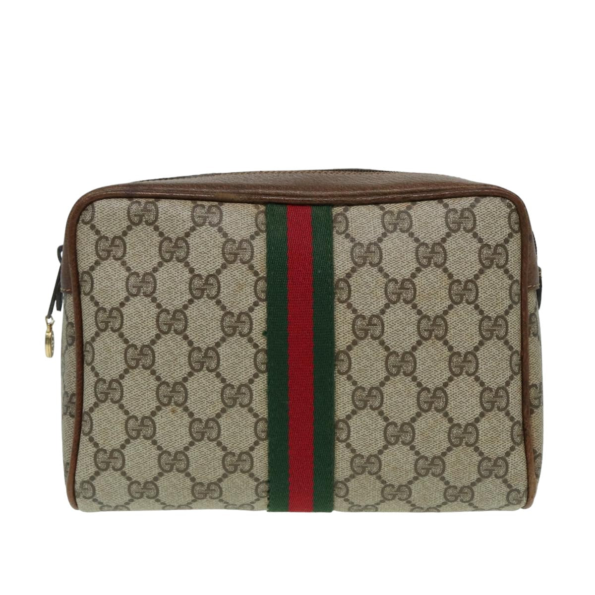 GUCCI GG Canvas Web Sherry Line Clutch Bag PVC Leather Beige Green th5130
