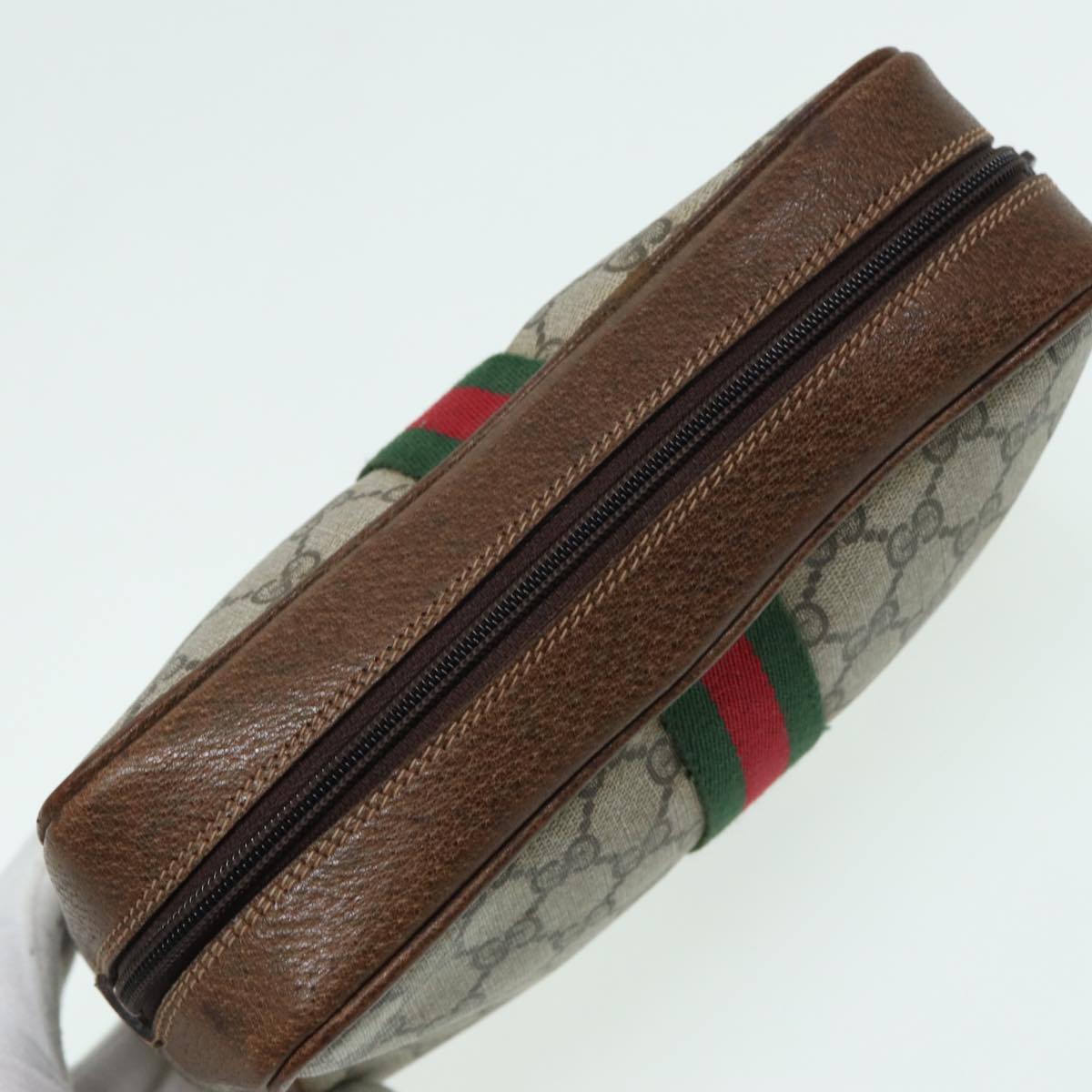 GUCCI GG Canvas Web Sherry Line Clutch Bag PVC Leather Beige Green th5130