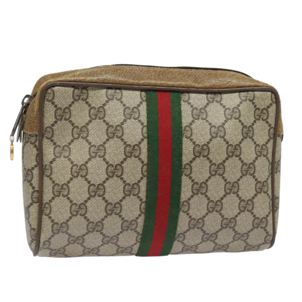 GUCCI GG Supreme Web Sherry Line Clutch Bag PVC Leather Beige Red th5137