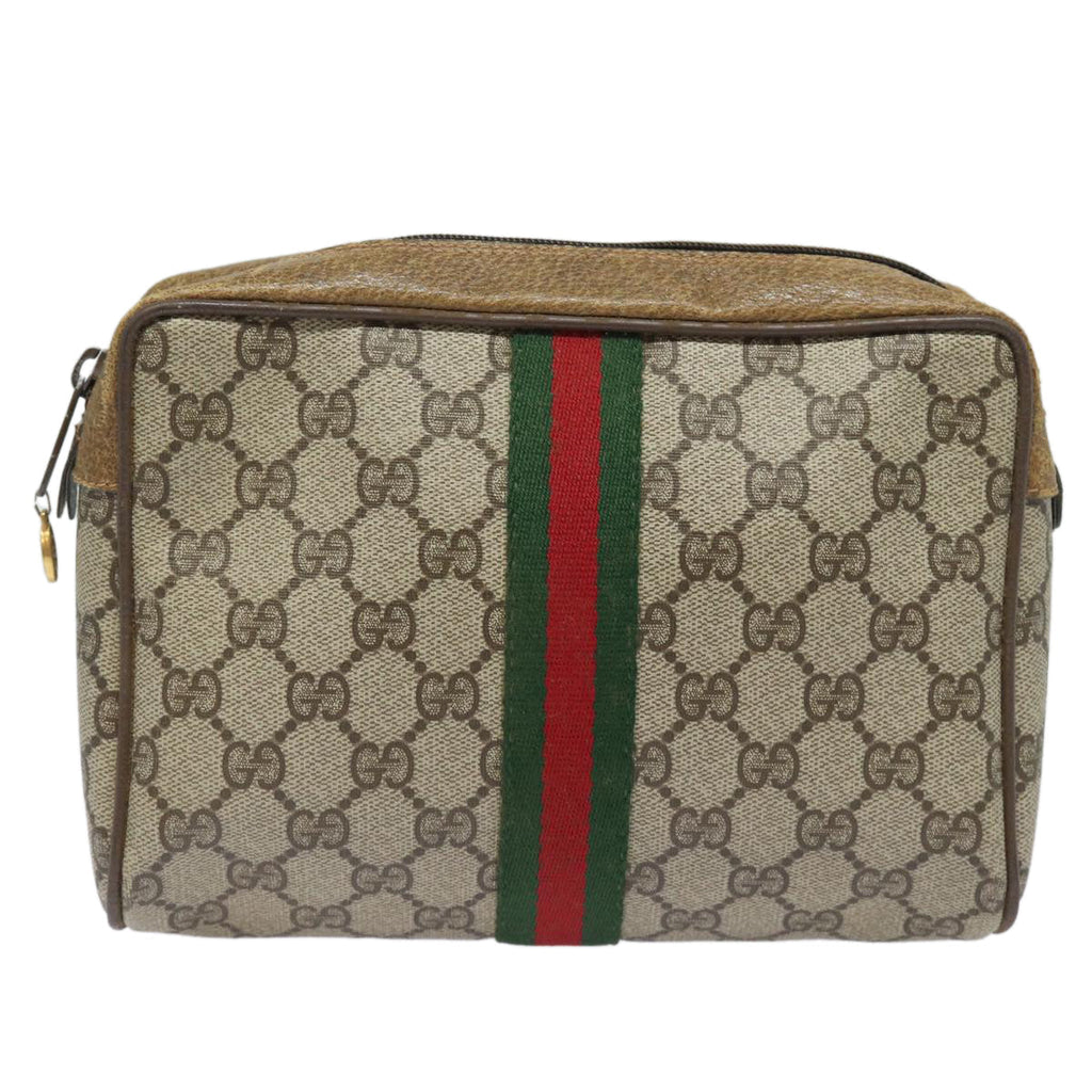 GUCCI GG Supreme Web Sherry Line Clutch Bag PVC Leather Beige Red th5137