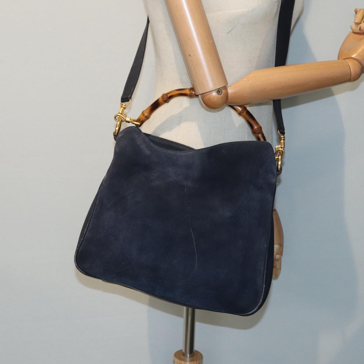GUCCI Bamboo Shoulder Bag Suede 2way Navy 001 1014 1638 0 th5147