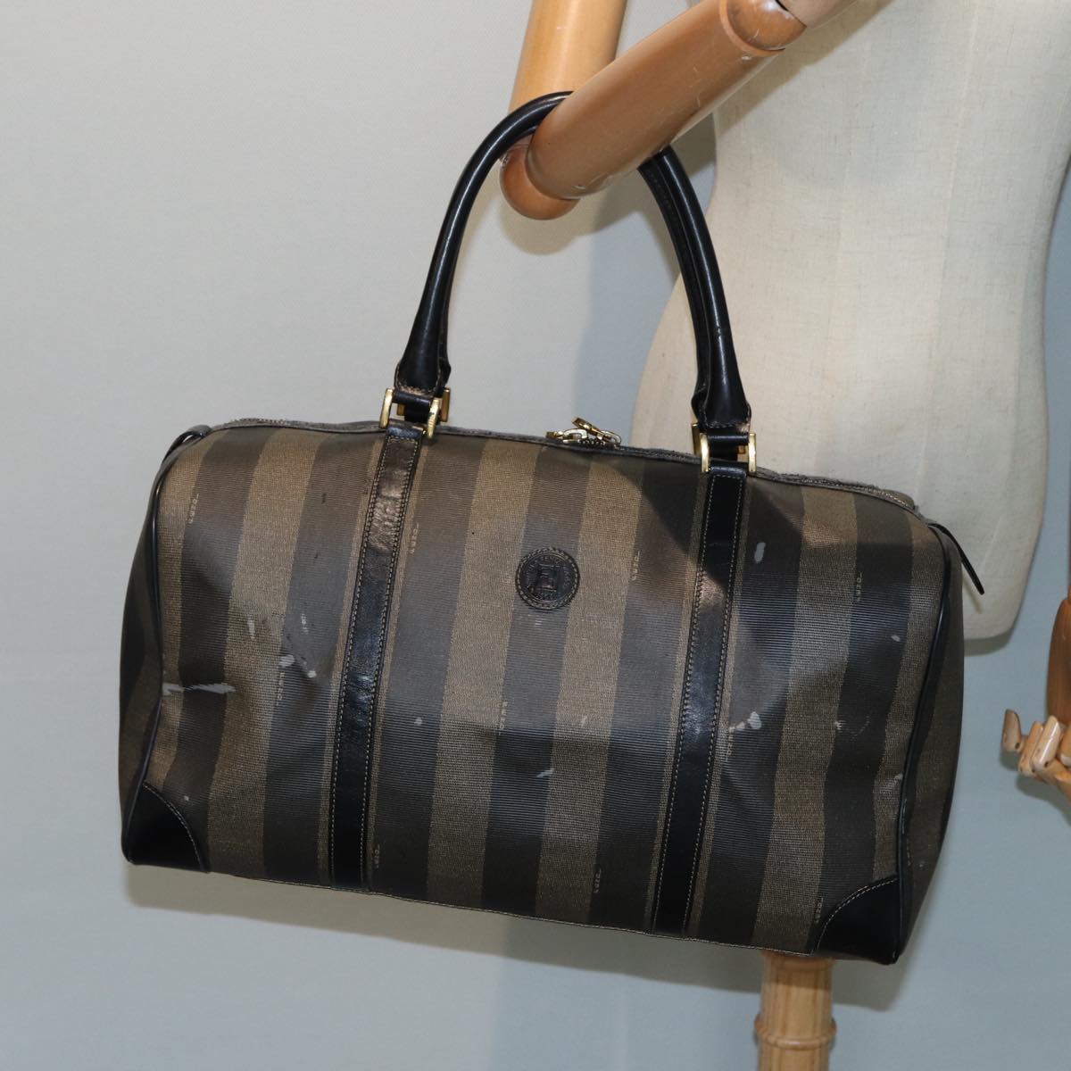 FENDI Pecan Canvas Boston Bag Brown Black th5173
