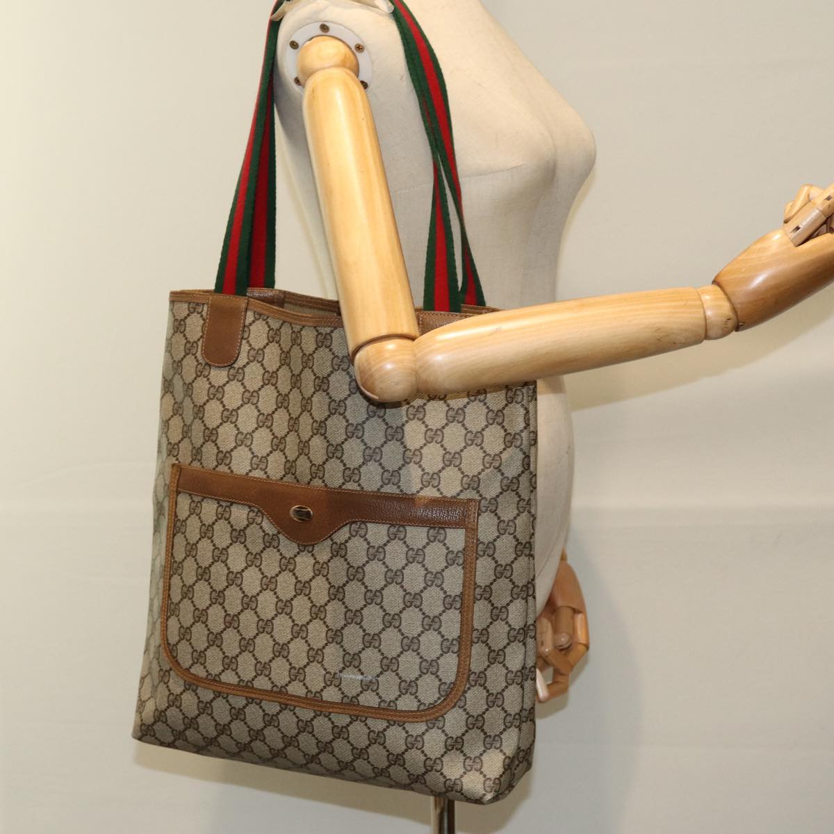 GUCCI GG Supreme Web Sherry Line Tote Bag PVC Beige Red 39 02 003 th5206