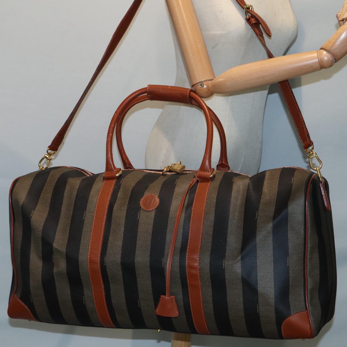 FENDI Pecan Canvas Boston Bag 2way Brown Black th5207