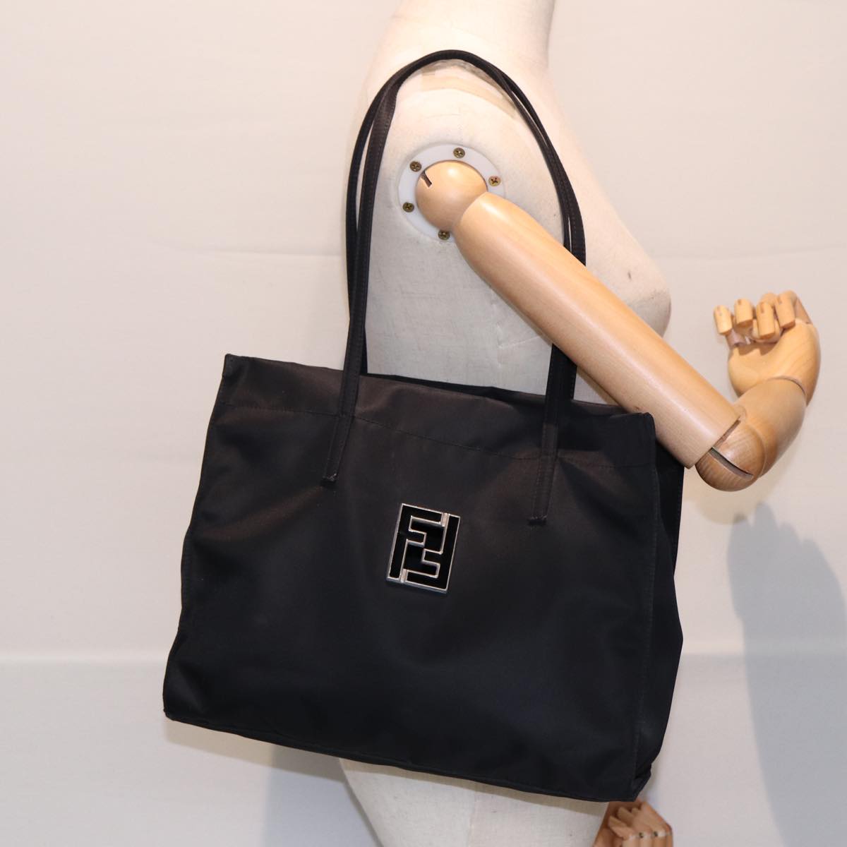 FENDI Tote Bag Nylon Black Silver th5238