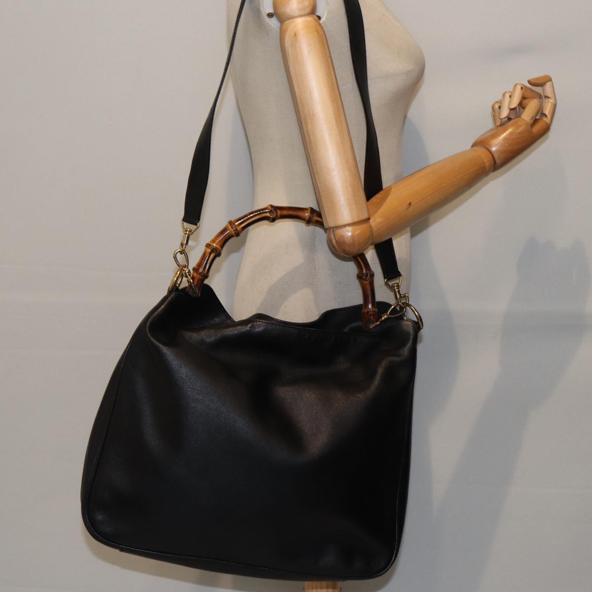 GUCCI Bamboo Hand Bag Leather 2way Black th5241