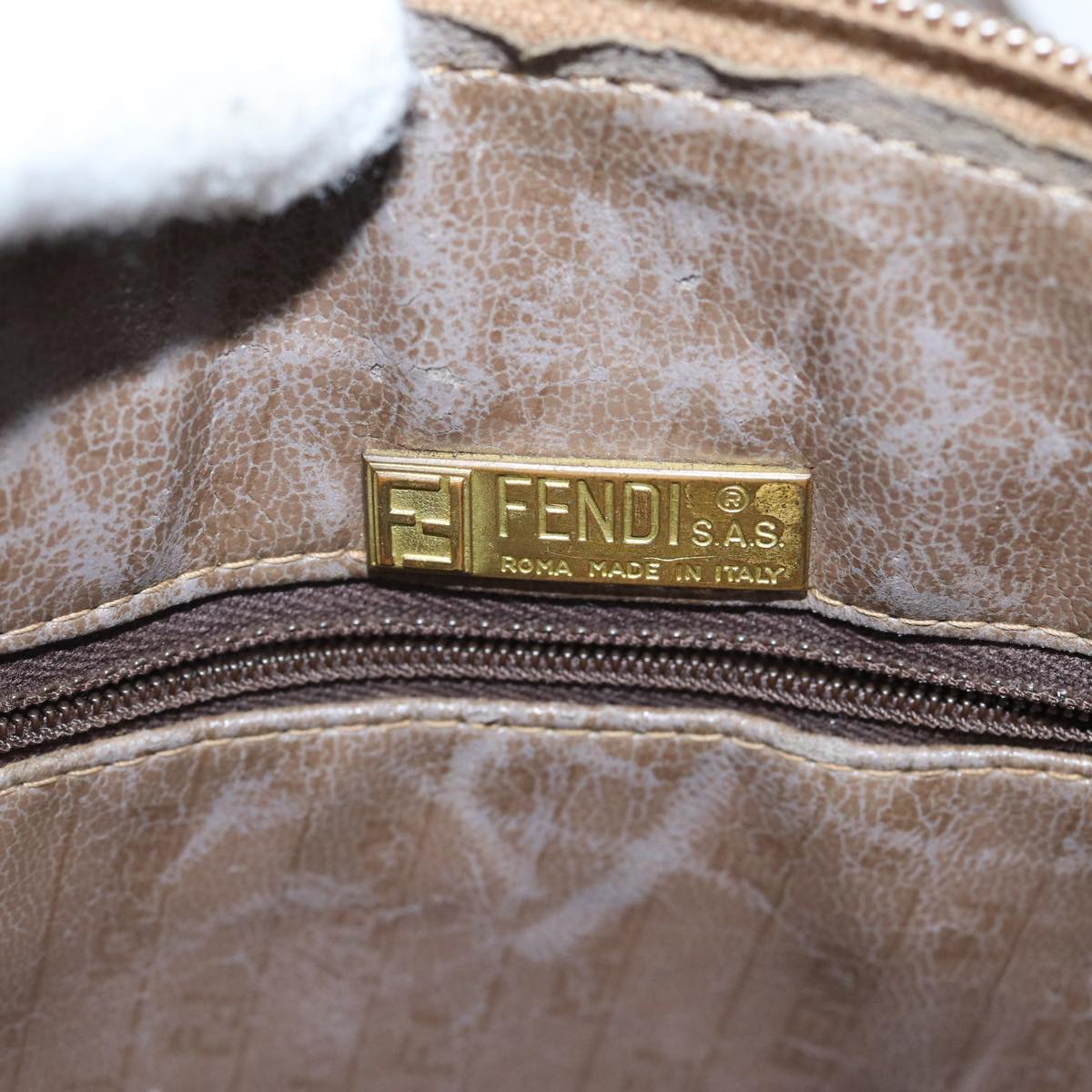 FENDI Zucchino Canvas Shoulder Bag Enamel Brown Black gold th5255